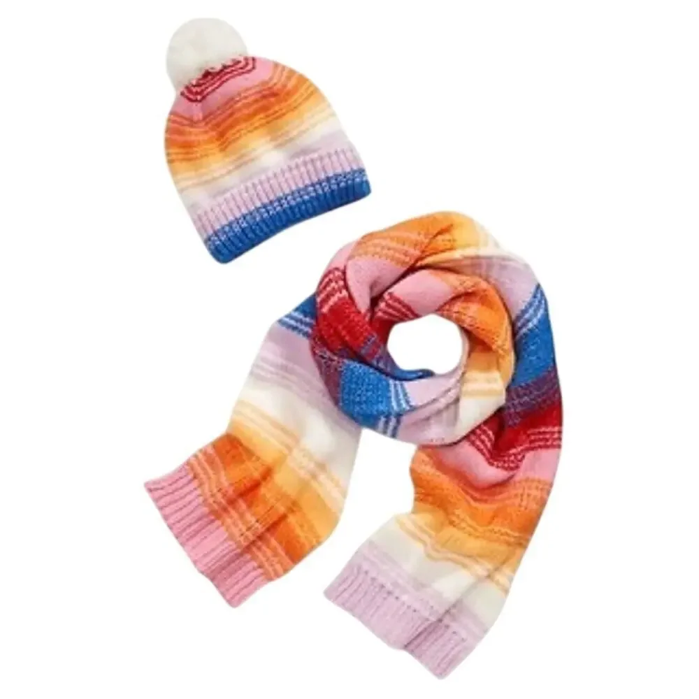 Old Navy Matching Hat and Scarf Set Rainbow Color Chunky Knit Sweater Fabric